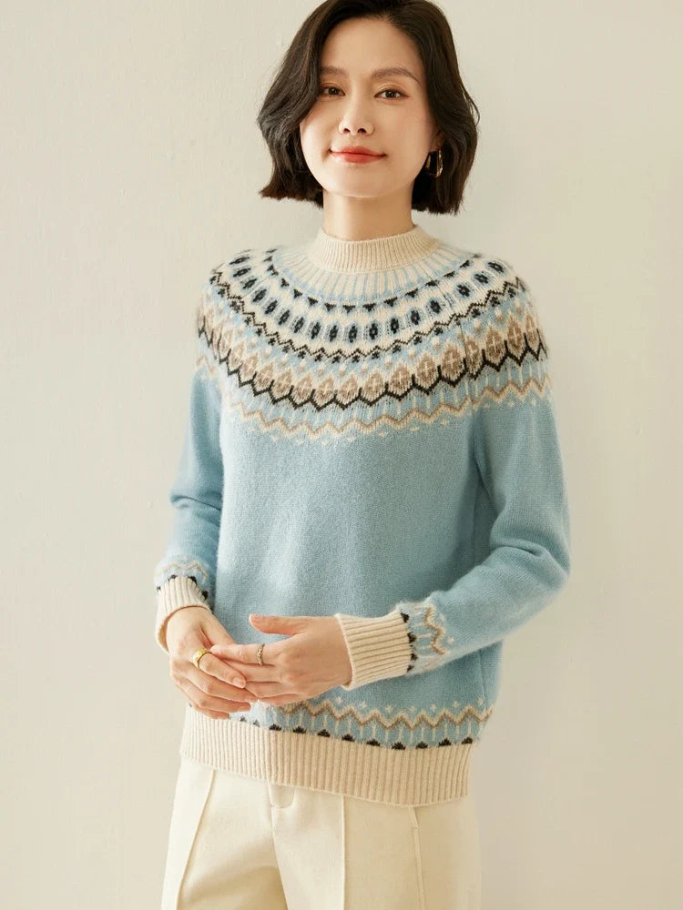 Women's Wool Knit Sweater Pullover Crewneck Fair Isle Knitwear