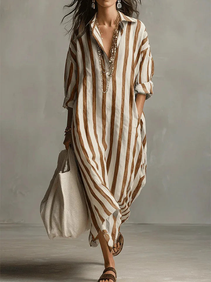 Women's Striped Linen Maxi Shirt Dress