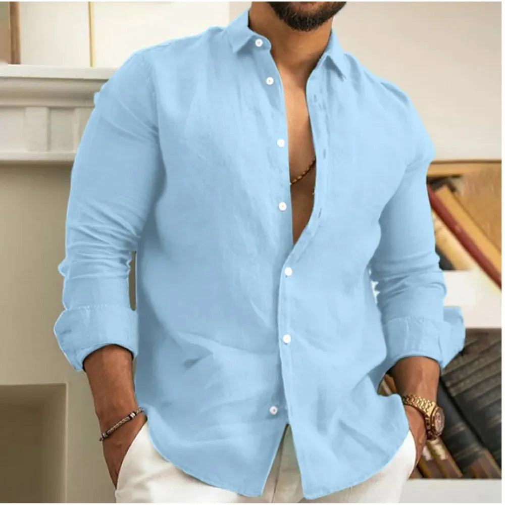 Men's Linen Blend Long Sleeve Casual Button Down Shirt