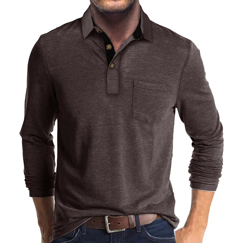 Men's Knit Long Sleeve Polo Shirt Pullover Top