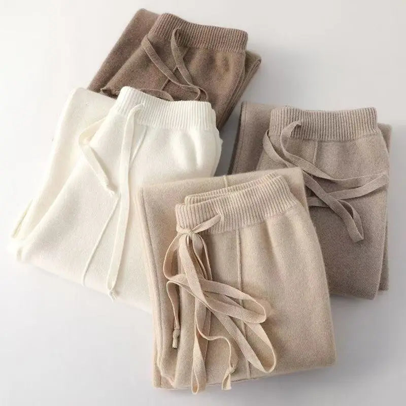 Women's Wide Leg Trousers High Waist Wool Mix Lounge Pants