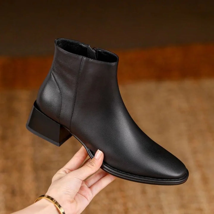 Women's Leather Block Heel Almond Toe Dress Ankle Boots
