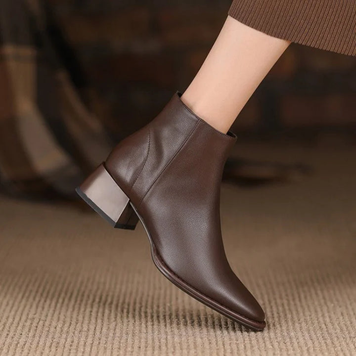 Women's Leather Block Heel Almond Toe Dress Ankle Boots