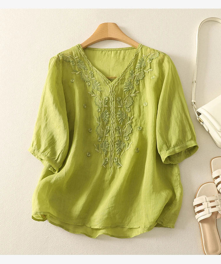Women's Linen Embroidered Blouse V-Neck Casual Short Sleeve Top