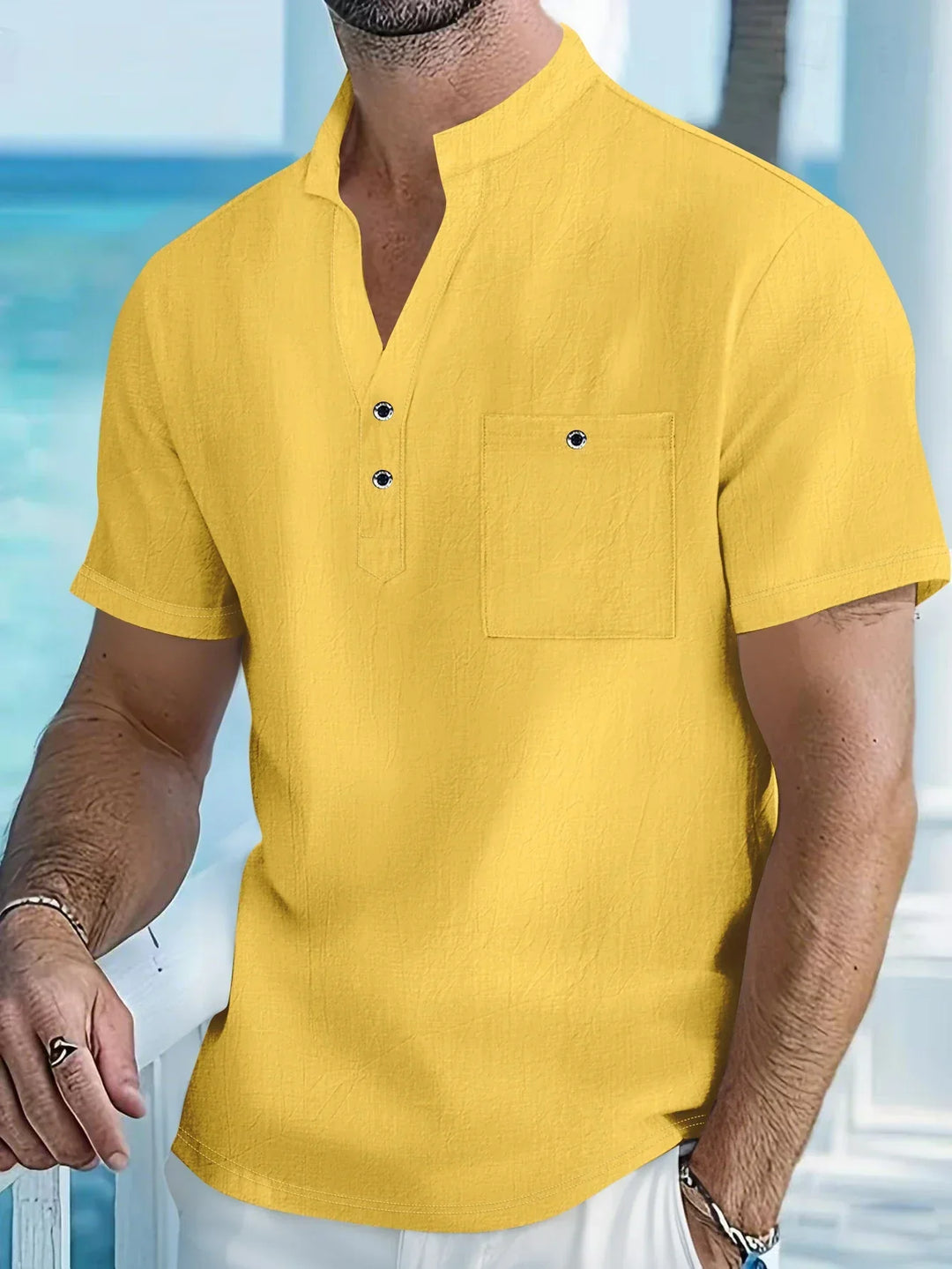 Men's Linen Henley Shirt Short Sleeve Casual Beach Top