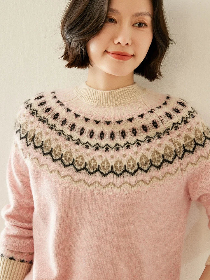 Women's Wool Knit Sweater Pullover Crewneck Fair Isle Knitwear