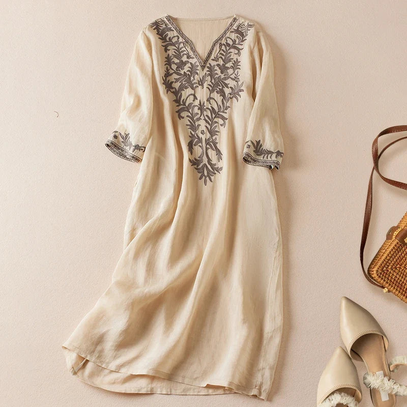 Robe midi imprimée en lin à col en V pour femme