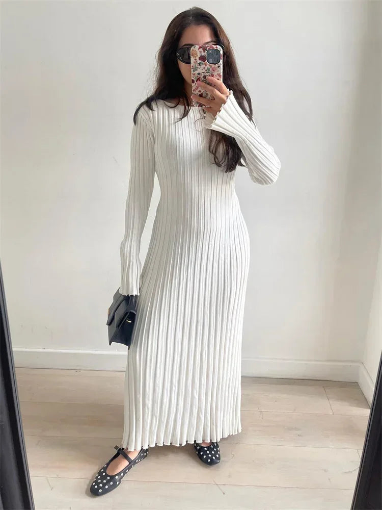 Knit Maxi Dress for Women Ribbed Long Sleeve Dress