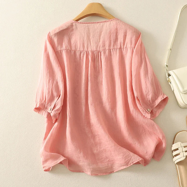 Women's Linen Embroidered Blouse V-Neck Casual Short Sleeve Top