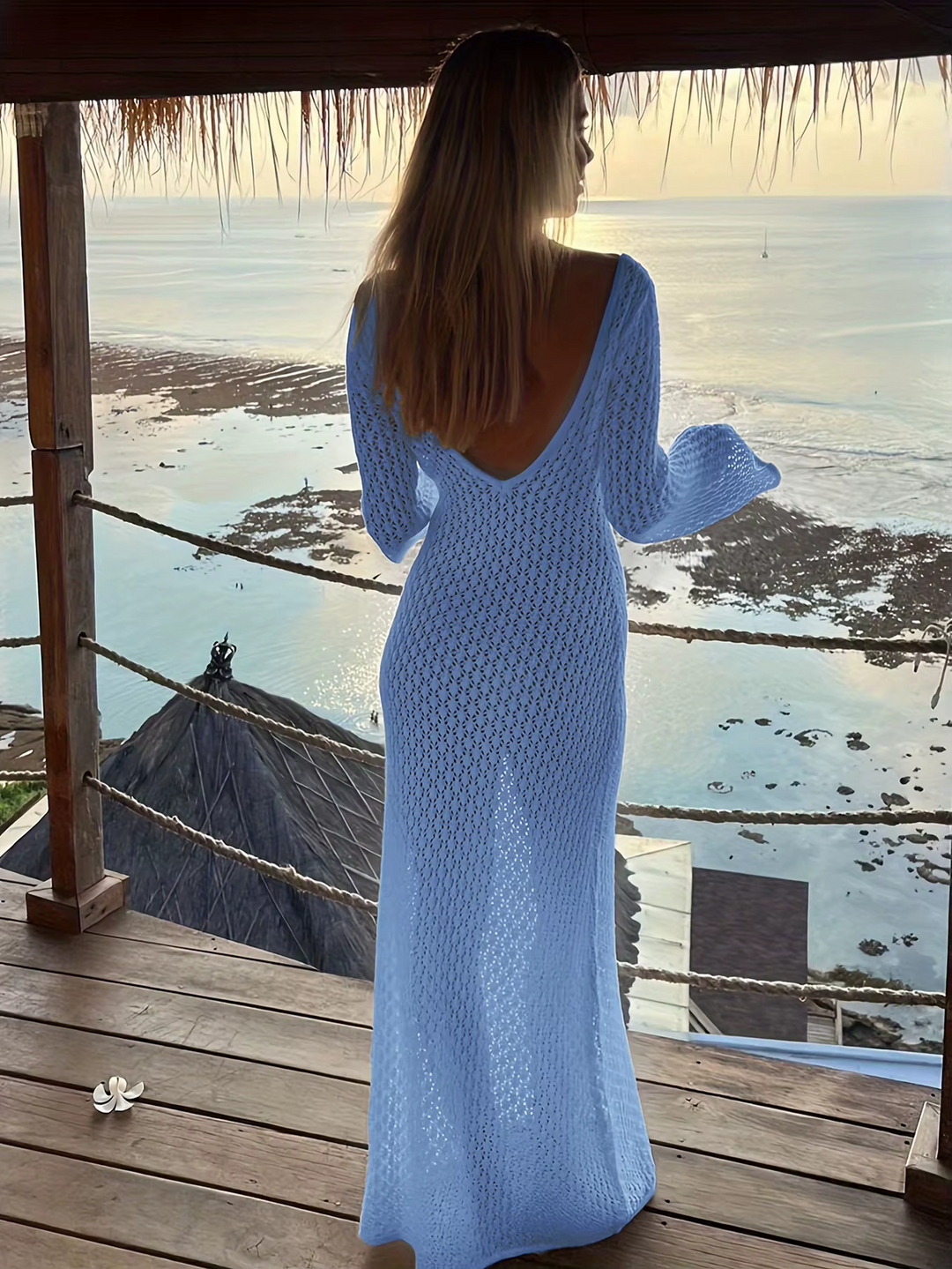 Women’s Knit Crochet Flare Sleeve Maxi Dress Beach Cover Up