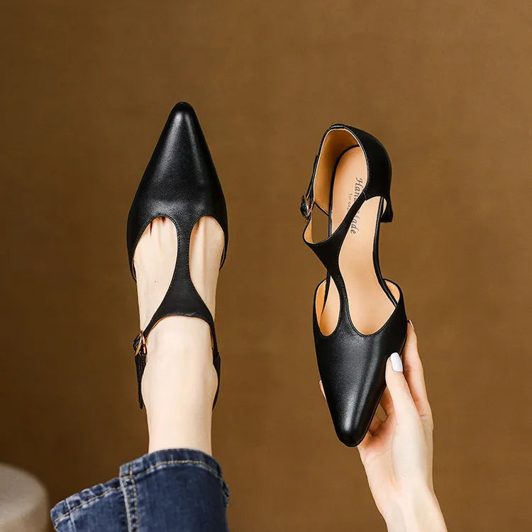 Women's Leather T-Strap High Heels Pointed Toe Pumps Shoes