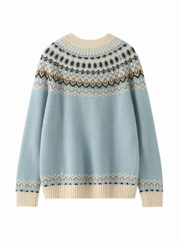 Women's Wool Knit Sweater Pullover Crewneck Fair Isle Knitwear
