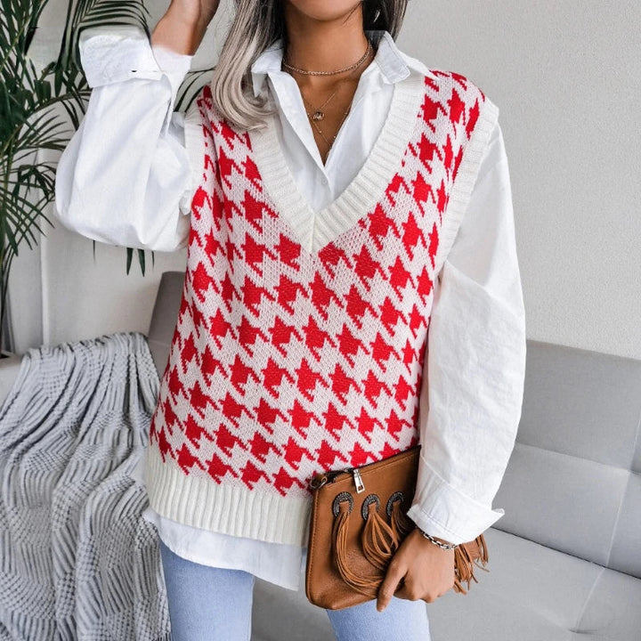 Women's Houndstooth Knit Sweater Vest V-Neck Sleeveless Pullover