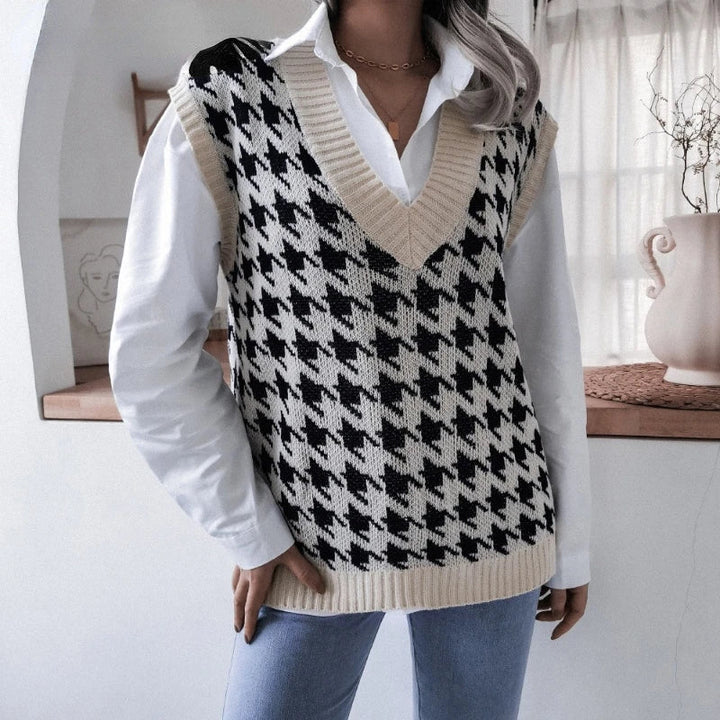 Women's Houndstooth Knit Sweater Vest V-Neck Sleeveless Pullover