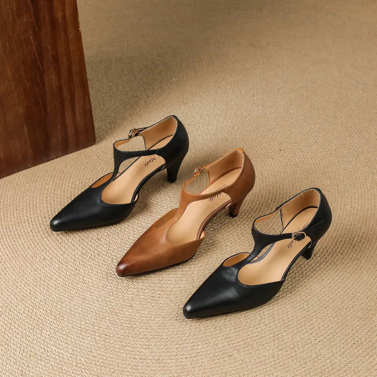 Women's Leather T-Strap High Heels Pointed Toe Pumps Shoes