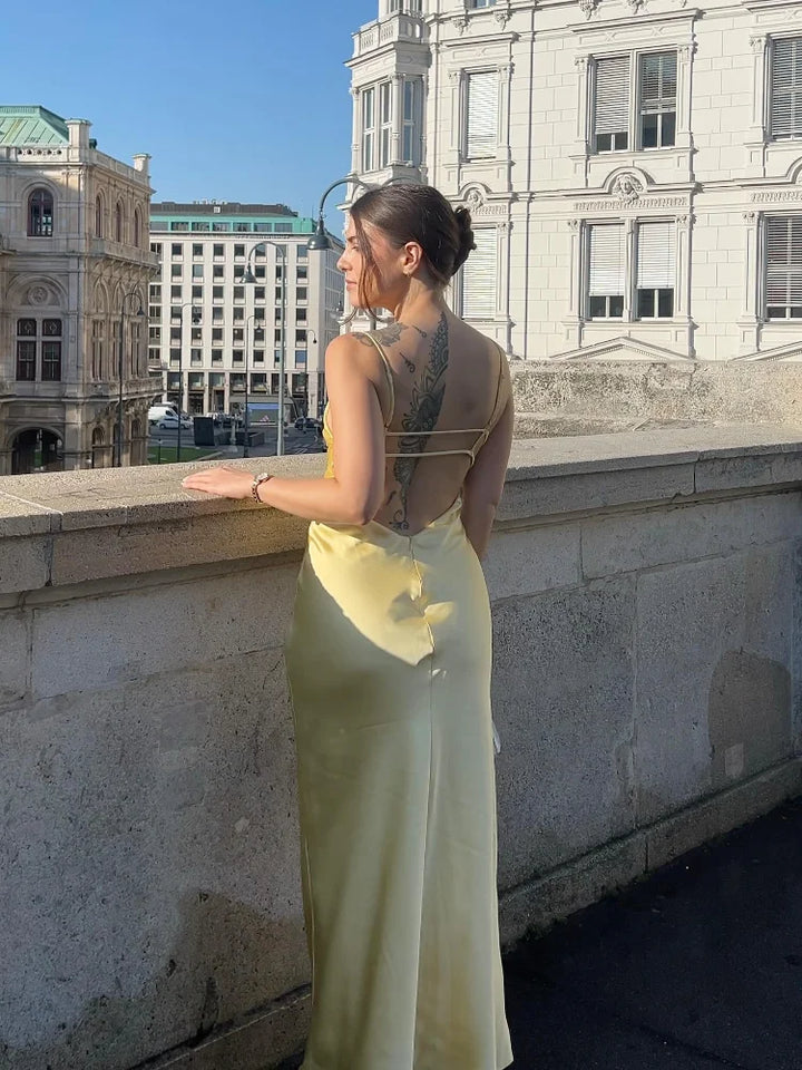 Women's Satin Cowl-Neck Strappy Maxi Dress