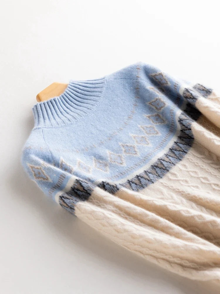 Women's Wool Knit Mock Neck Fair Isle Sweater