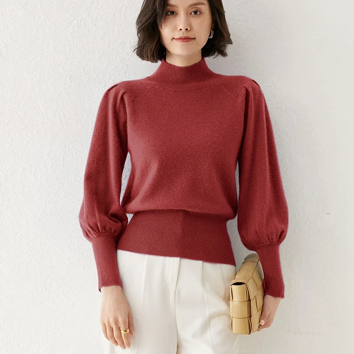 Women's Merino Wool Mock Neck Long Sleeve Knit Pullover Jumper