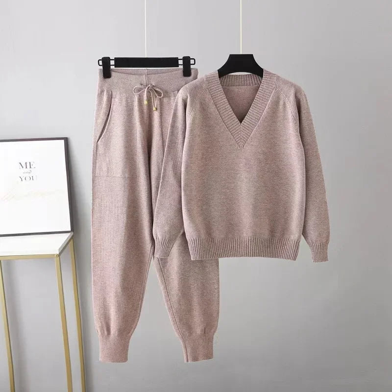Women's Wool-Knit V-Neck Two Piece Loungewear Set