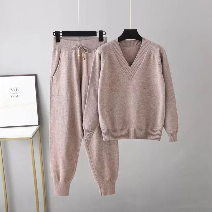 Women's Wool-Knit V-Neck Two Piece Loungewear Set