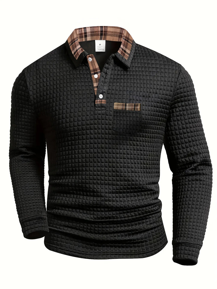 Polo à carreaux à manches longues pour homme, en maille mélangée