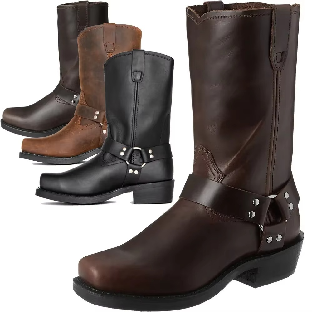 Men's Leather Harness Boots Mid Calf Motorcycle Biker Shoes