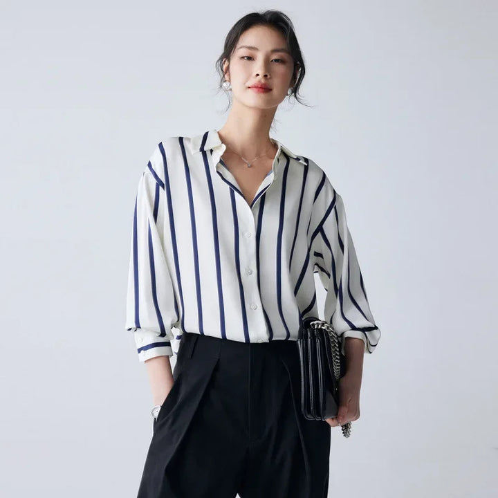 Women's Striped Long Sleeve Linen Shirt Button Up Blouse Tops