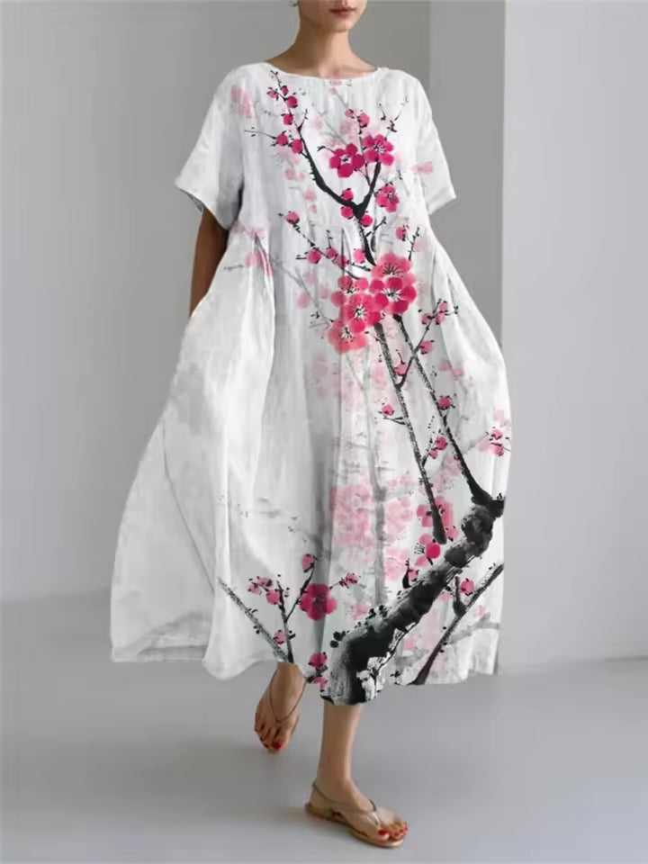 Women's Loose Linen Maxi Dress Short Sleeve Oversized Kaftan