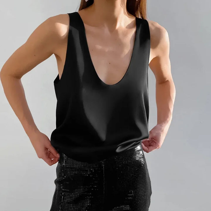 Women's Satin Sleeveless Scoop Neck Tank Top 