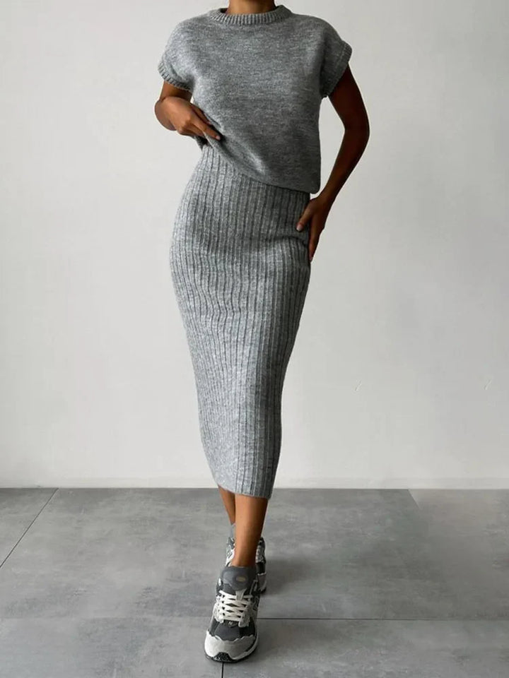 Women Knit Midi Skirt and Short Sleeve Top Two- Piece Set