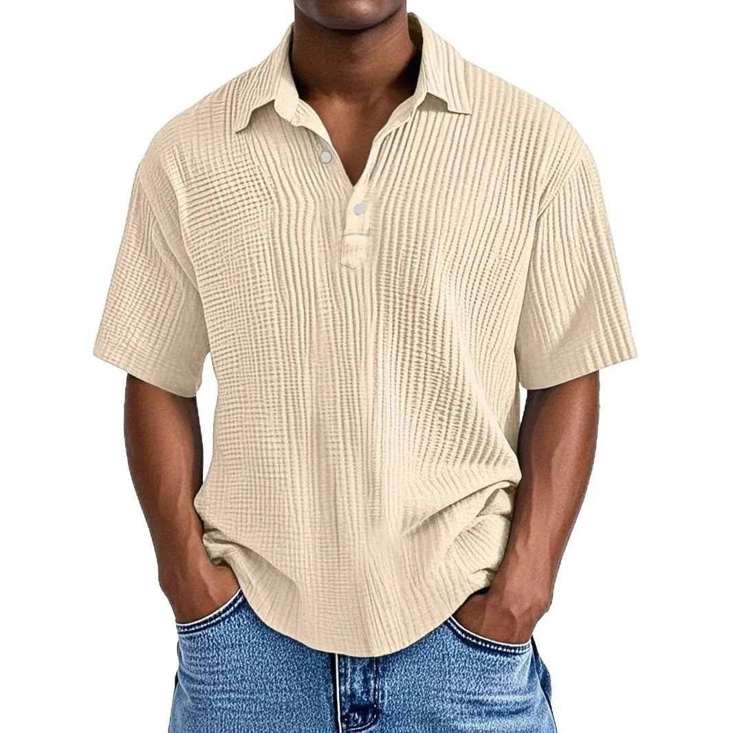 Men's Ribbed Knit Polo Shirt Short Sleeve Casual Top