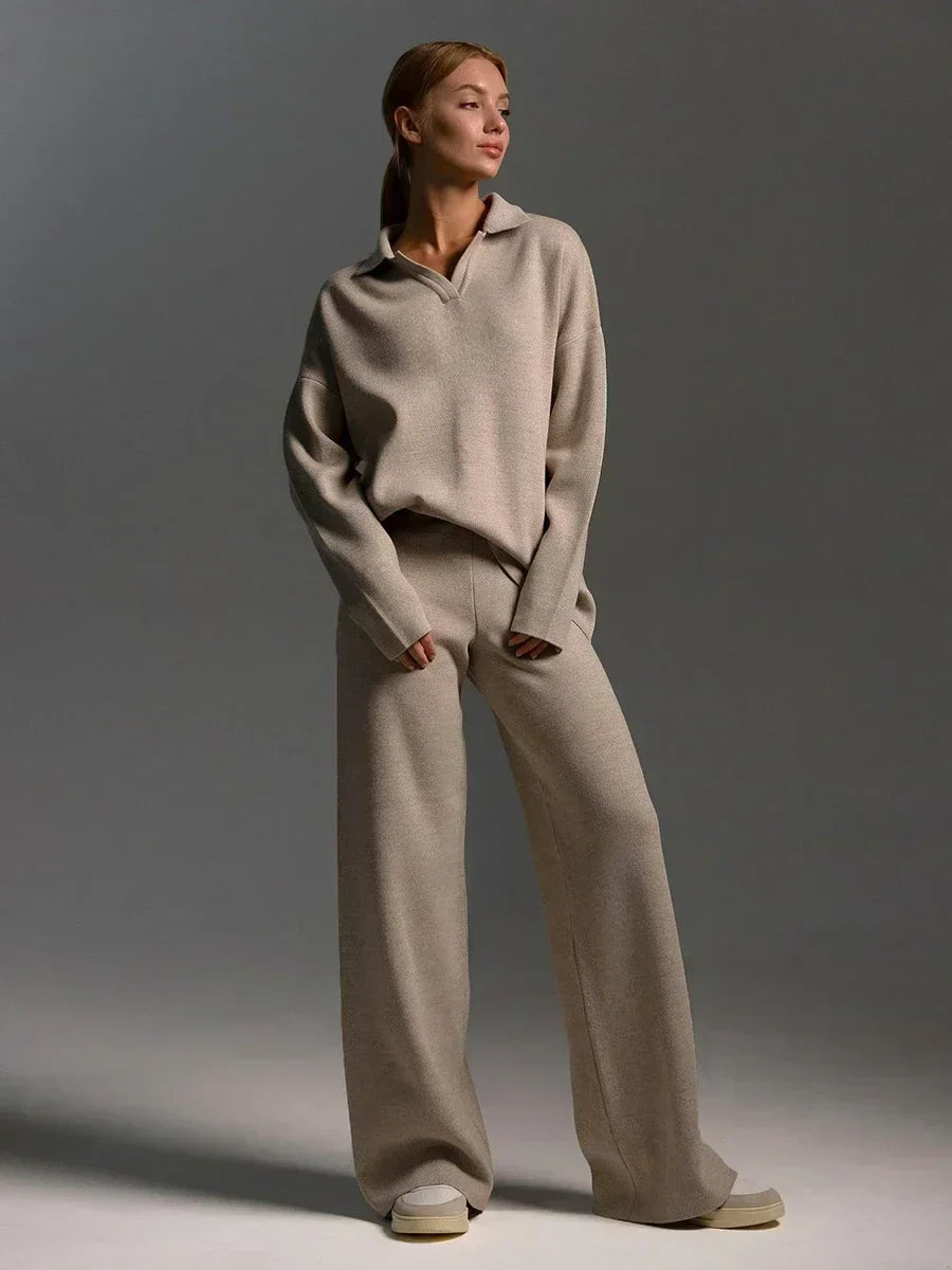 Women's Knit Collar Sweatshirt & Wide Leg Pants Two Piece Set