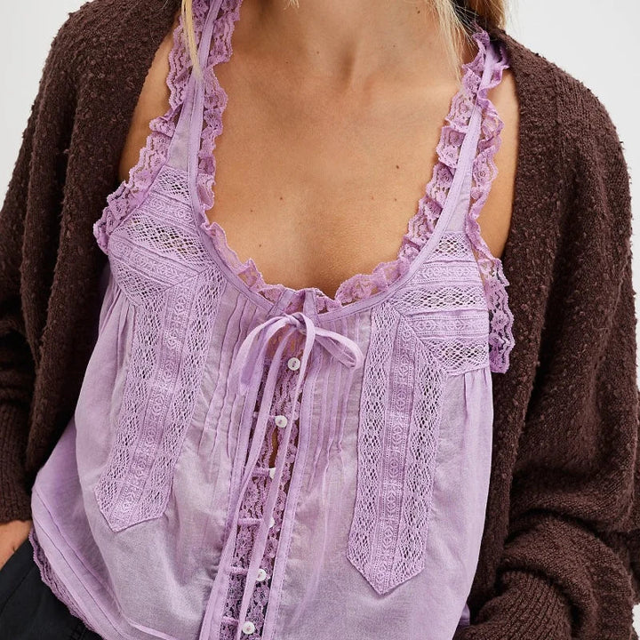 Women's Linen Blend Sleeveless Lace Tank Top Cami Blouse