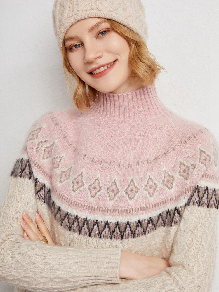 Women's Wool Knit Mock Neck Fair Isle Sweater
