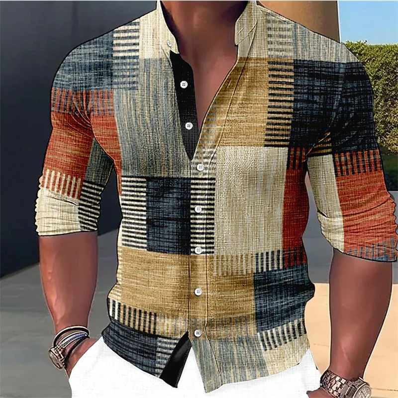 Men’s Geometric-Print Linen Mandarin Collar Shirt
