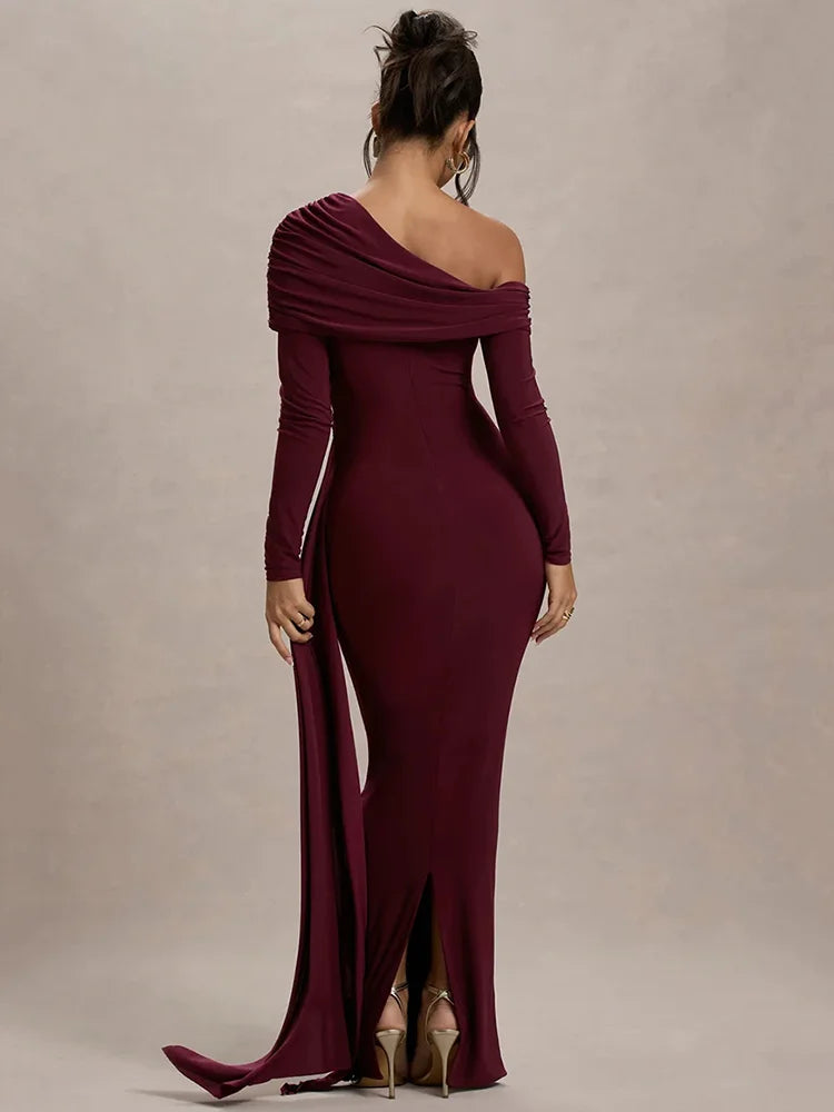 Women Knit Blend Off Shoulder Ruched Asymmetric Evening Maxi Dress