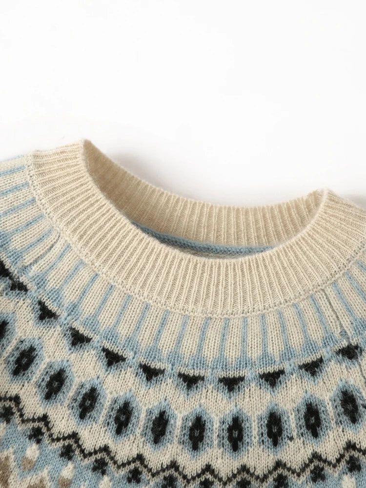 Women's Wool Knit Sweater Pullover Crewneck Fair Isle Knitwear