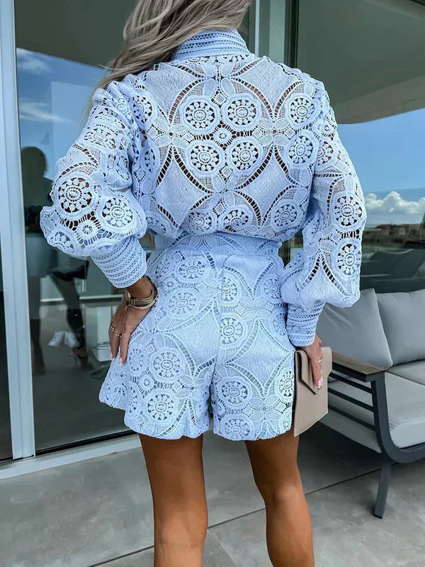 Women's Crochet Lace 2-Piece Set Long Sleeve Shirt and Shorts