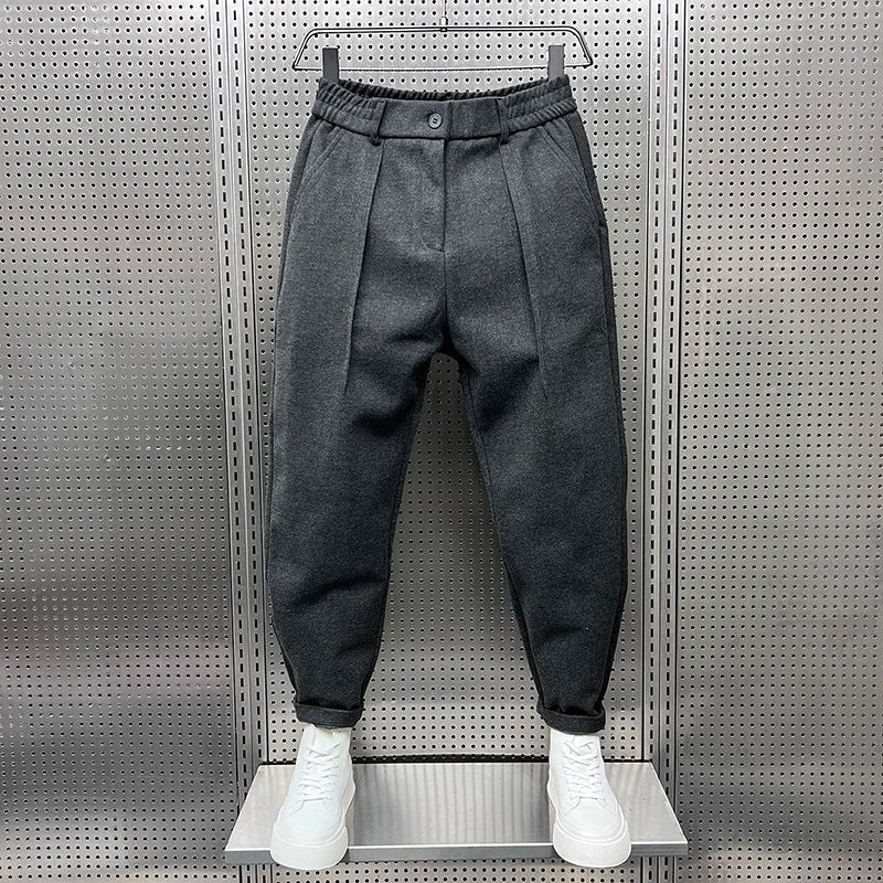 Men's Wool Pleated Tapered Trousers with Elastic Waist