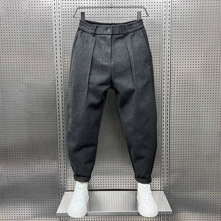 Men's Wool Pleated Tapered Trousers with Elastic Waist