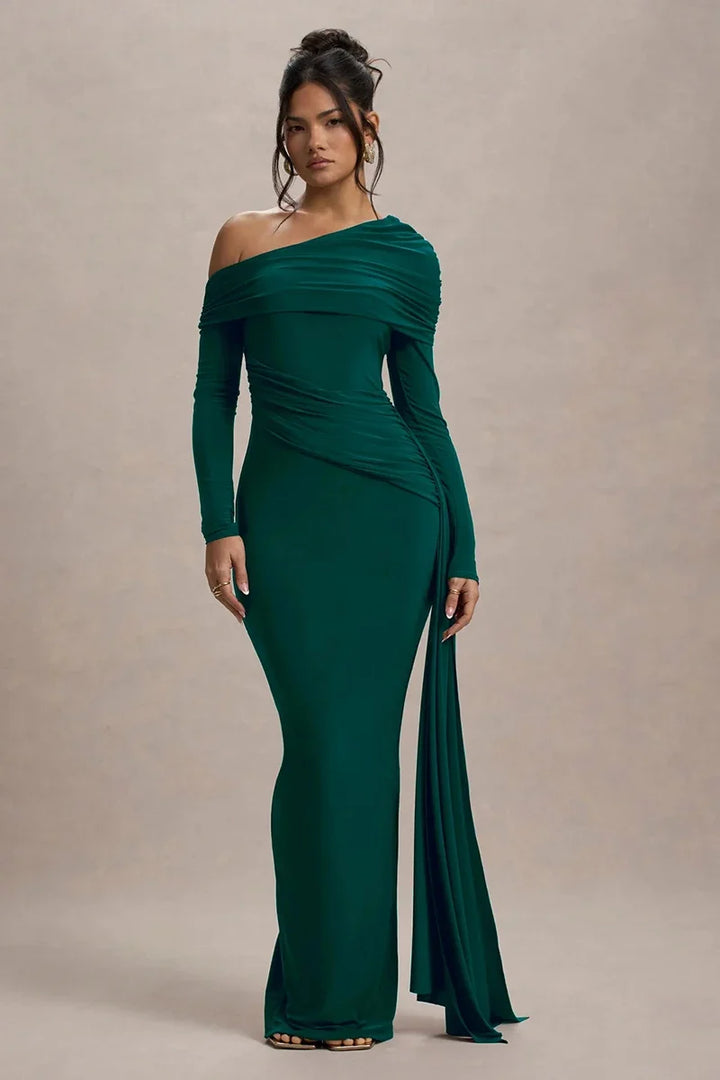 Women Knit Blend Off Shoulder Ruched Asymmetric Evening Maxi Dress