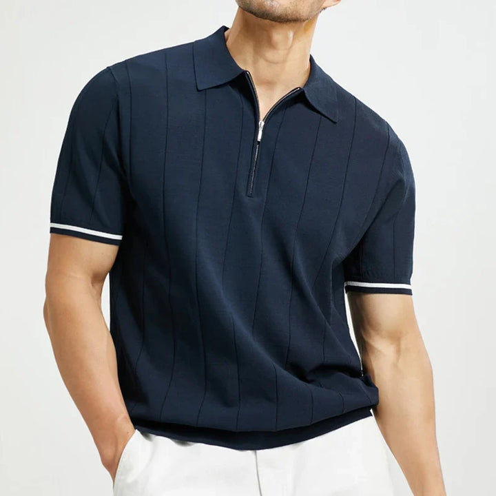 Pánské pletené polo tričko na zip s krátkým rukávem, slim fit, přes hlavu