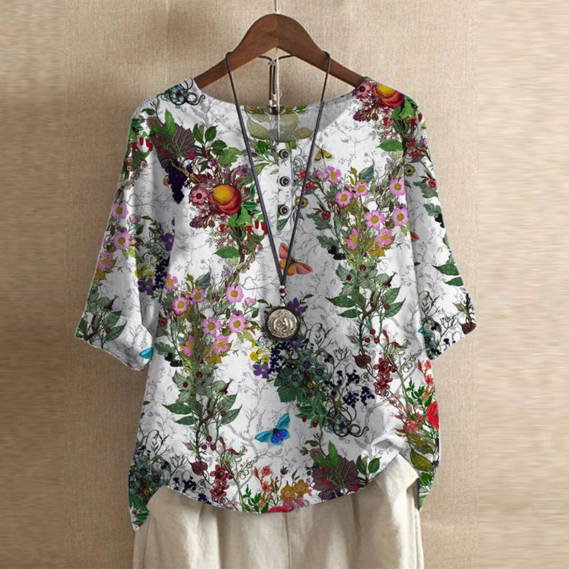 Women's Boho Floral Round Neck 3/4 Sleeve Tunic Blouse Tops