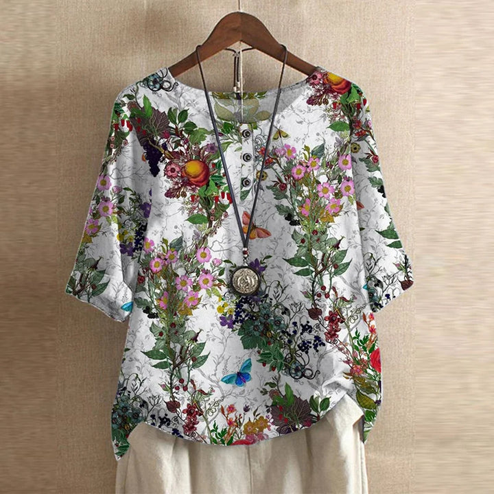 Women's Boho Floral Round Neck 3/4 Sleeve Tunic Blouse Tops