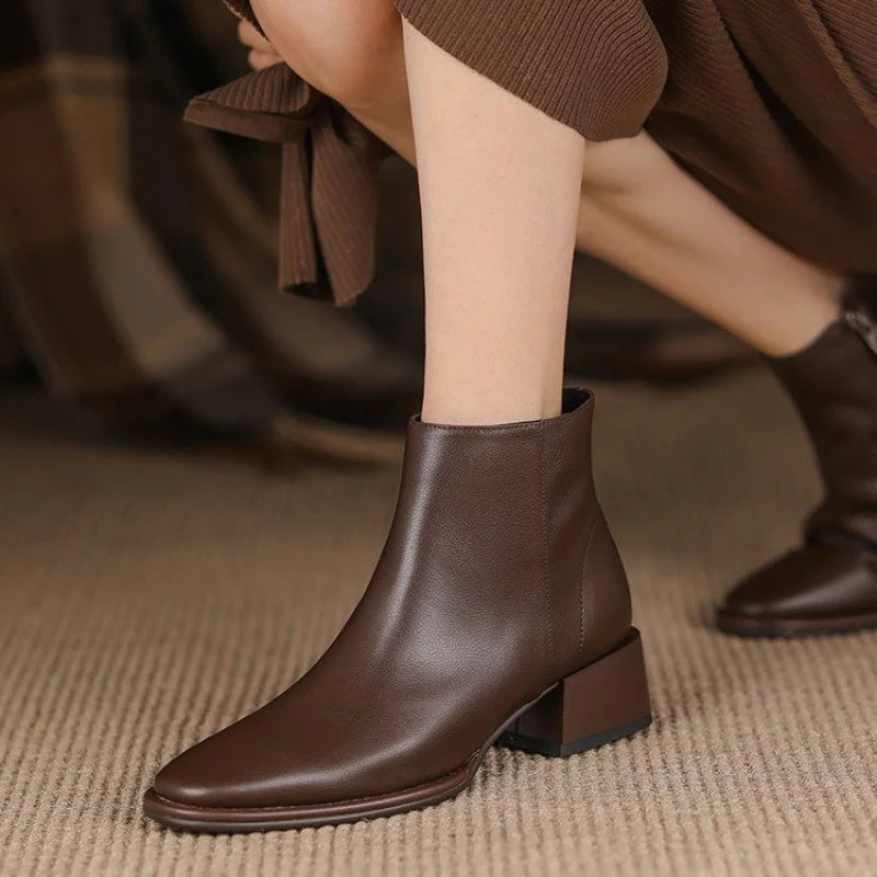 Women's Leather Block Heel Almond Toe Dress Ankle Boots