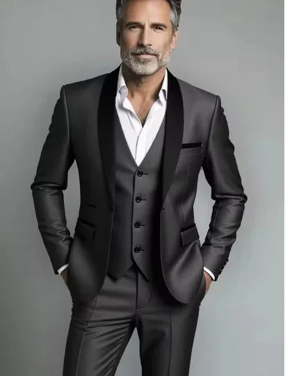 Men's Wool Shawl Lapel 3 Piece Tuxedo Suit Wedding Formal Slim Fit