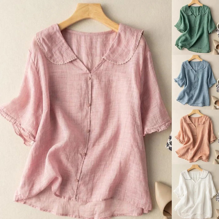 Blouse décontractée pour femme en lin, col en V, manches courtes