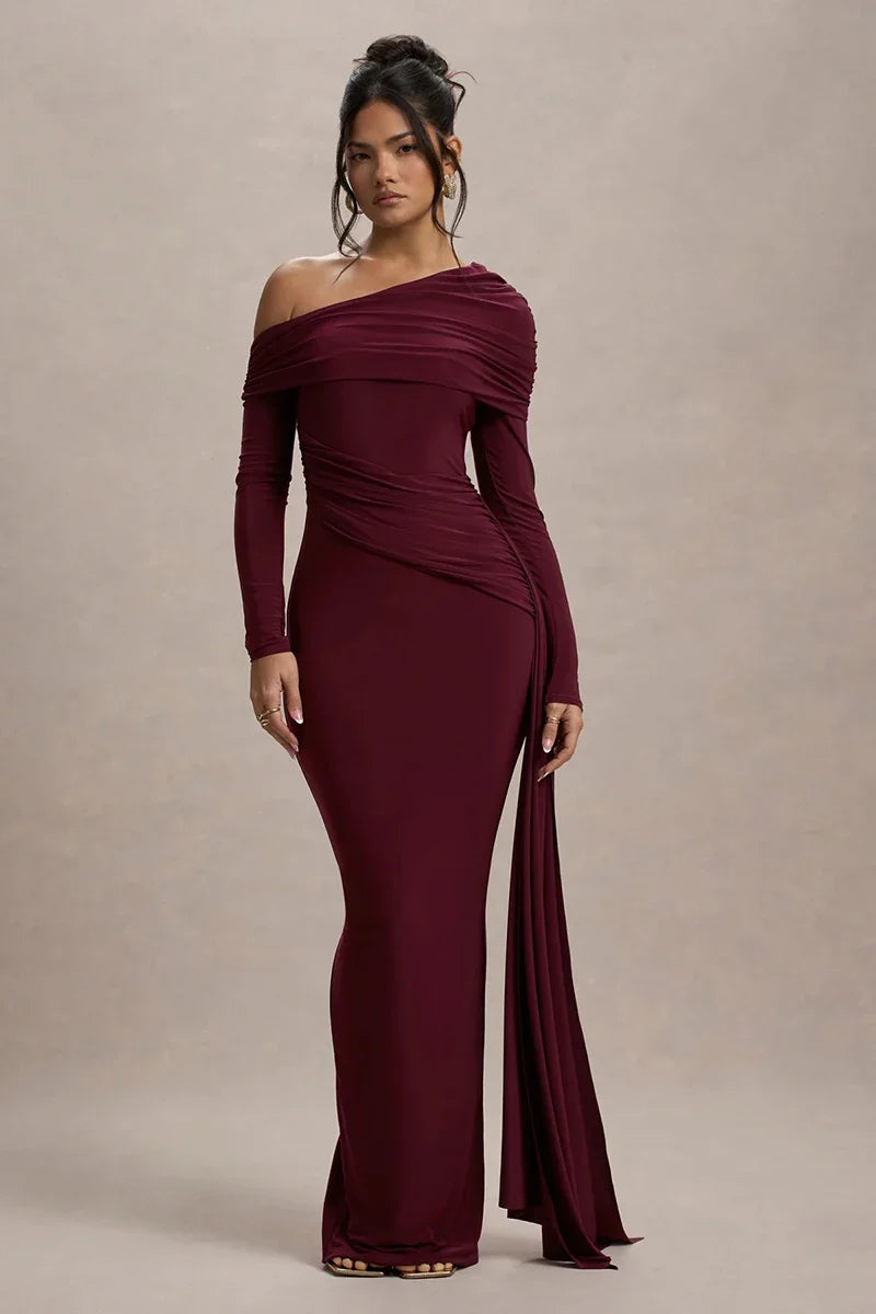 Women Knit Blend Off Shoulder Ruched Asymmetric Evening Maxi Dress