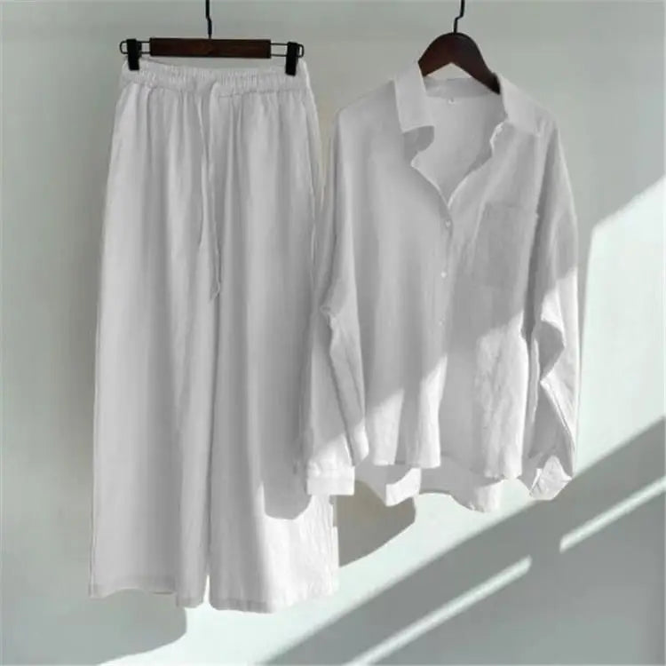Women's Linen Blend Long Sleeve Shirt Wide Leg Pants Co-ord Set