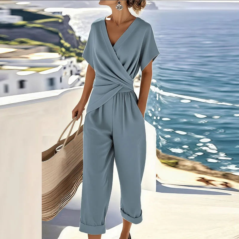 Women's 2 Piece Set Elegant V-Neck Top and Wide Leg Pants
